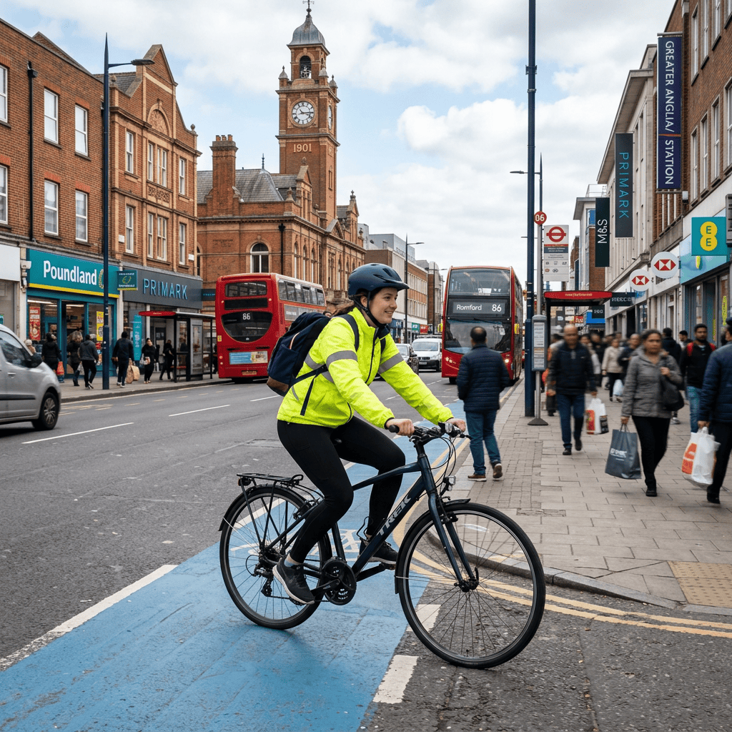 Cyclist in a high-visibility jacket riding past red buses